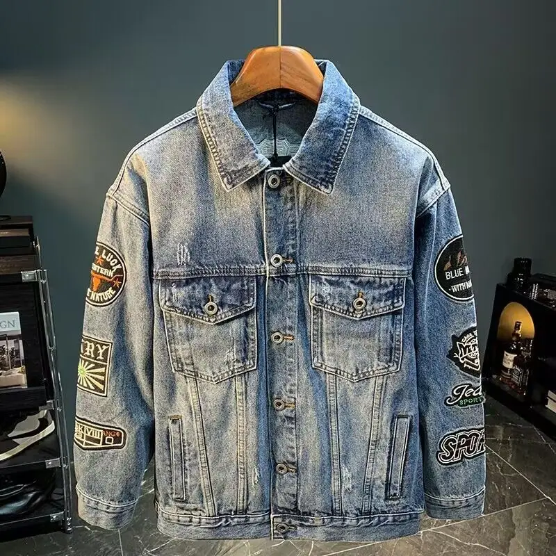 Mens Fashion Denim Jacket - Hommes haute rue broderie Patch Denim